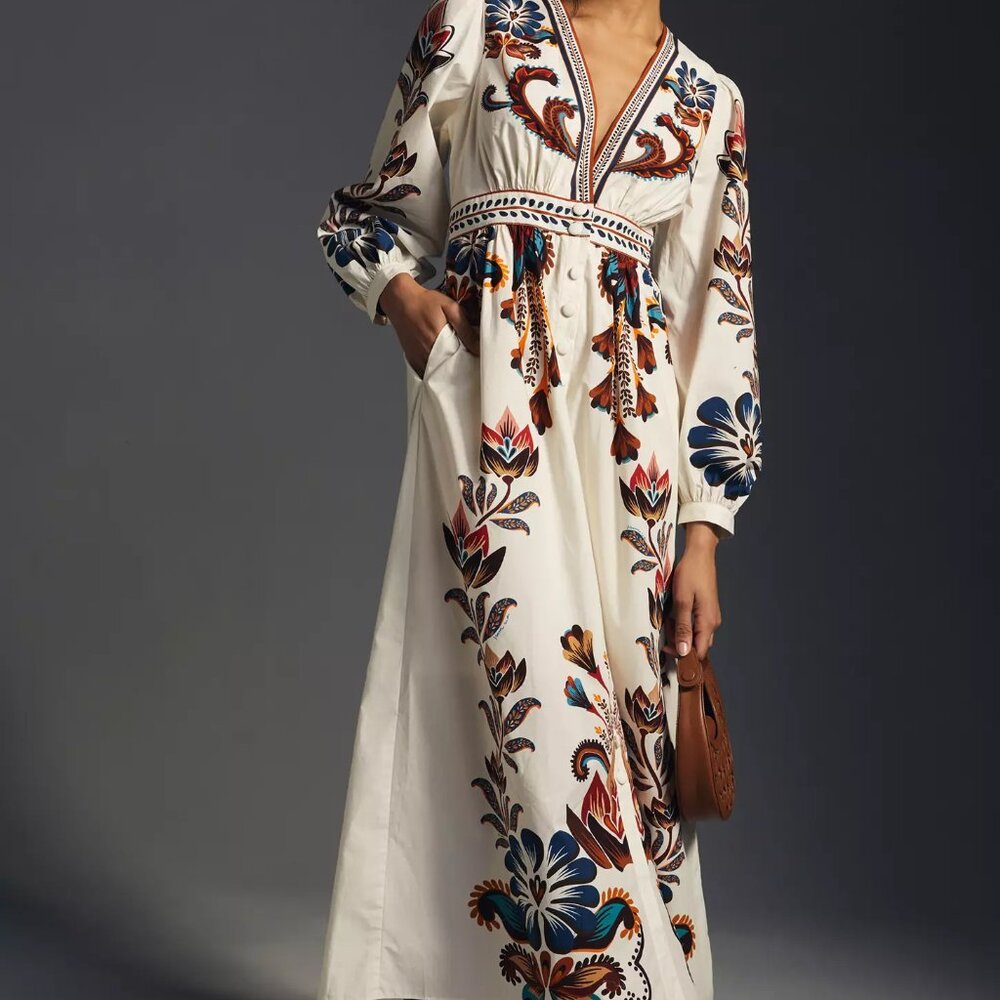 Farm x Anthropologie Button Up V-Neck Floral Maxi Dress